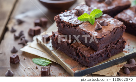 Chocolate brownies with mint on wooden board. 118662870