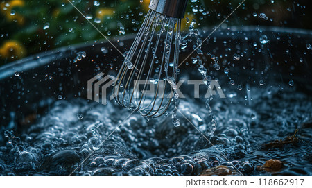 Whisk stirring water with splashing droplets. 118662917