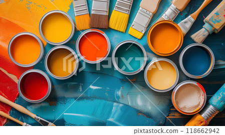Open paint cans with vibrant colors and brushes. 118662942