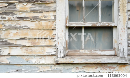 Old window in a peeling wooden wall. 118663004