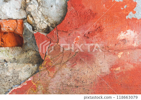 Old wall with deep cracks. Texture of stone and broken concrete. Grunge texture of ruined wall. Old wall with deep cracks. Texture of stone and broken concrete. Grunge texture of ruined wall. 118663079
