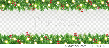 Christmas garland border. Green fir branches with golden stars, red berries, glitter light frame. Winter Holiday background. New Year card. Xmas evergreen plant banner. Vector illustration Christmas garland border. Green fir branches with golden stars, red berries, glitter light frame. Winter Holiday background. New Year card. Xmas evergreen plant banner. Vector illustration 118663189