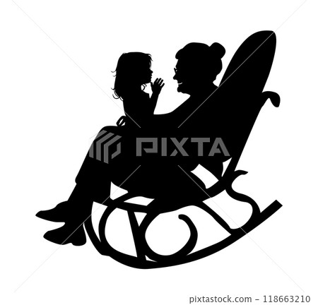 Silhouette of a grandmother with her granddaughter in her arms sitting in a rocking chair. hand drawn. Not AI, Vector illustration Silhouette of a grandmother with her granddaughter in her arms sitting in a rocking chair. hand drawn. Not AI, Vector illustration 118663210