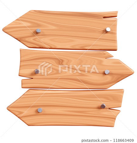 Wooden arrow plaque with cracks and nails for text box. Cartoon 3d render illustration of signboard with brown wood texture. Vintage rustic timber plank, nameplate or board frame with fracture. 118663409