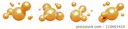 Golden abstract liquid metaball shape. 3d render illustration set of fluid soft bubble blob. Organic gold bright decorative sphere geometric form. Morphing ball aqua drop or molecule. Flow particles. 118663410