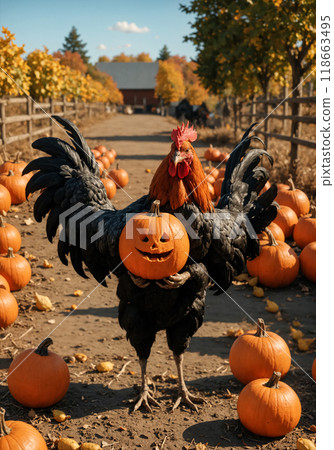 Funny black cock holds Halloween pumpkin, in the background garden with home cultivation of pumpkins. Creative Halloween photography Funny black cock holds Halloween pumpkin, in the background garden with home cultivation of pumpkins. Creative Halloween photography 118663495