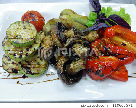 grilled vegetables on a white rectangular plate grilled vegetables on a white rectangular plate 118663571