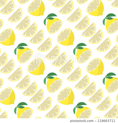 Vector Fresh Yellow Lemon with Green Leaves. Seamless Pattern. Tropical Fruit Icon with Sour Taste 118663711