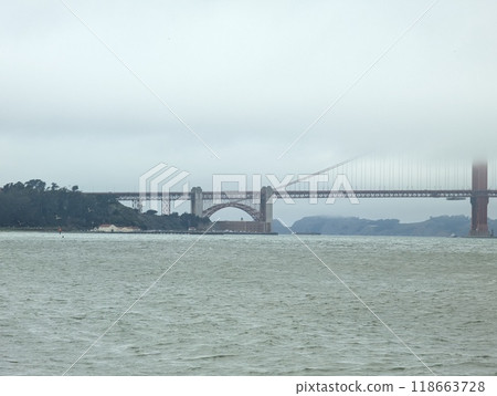 View of the Golden Gate Bridge in San Francisco, USA on a cloudy foggy day 118663728