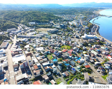Aerial view of the townscape of Esashi-cho Honmachi district in Esashi-cho, Hokkaido in autumn Aerial view of the townscape of Esashi-cho Honmachi district in Esashi-cho, Hokkaido in autumn 118663876