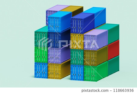 Two neatly stacked rows of cargo containers with a clear space for walking between them. The containers, arranged in a parallel formation, create a pathway that allows easy  access and movement. Two neatly stacked rows of cargo containers with a clear space for walking between them. The containers, arranged in a parallel formation, create a pathway that allows easy  access and movement. 118663936