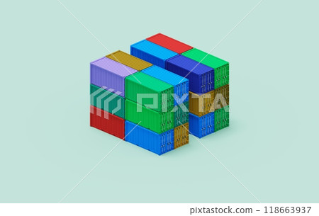 Two stacks of cargo containers with a clear walking space between them. The organized layout and vibrant colors highlight an efficient industrial environment, perfect for showcasing logistics 118663937