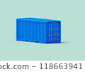 A pristine, blue maritime cargo container is shown in isometric isolation, its smooth surface reflecting the light. The container's clean lines and vibrant color make it a visually striking image. 118663941