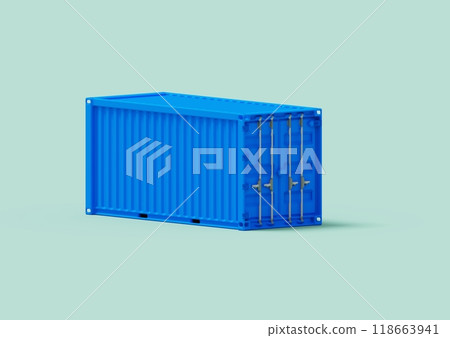 A pristine, blue maritime cargo container is shown in isometric isolation, its smooth surface reflecting the light. The container's clean lines and vibrant color make it a visually striking image. 118663941