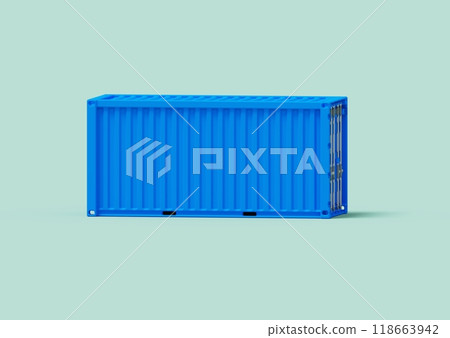A pristine, blue maritime cargo container, isolated on a white background. Its smooth surface and vibrant color showcase the modern design and functionality of these essential tools for global trade 118663942