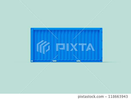 A blue maritime cargo shipping container, isolated against a white background. Its smooth surface and vibrant color showcase the modern design and efficiency of international shipping. 118663943
