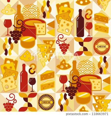 Seamless pattern with icons of Cheese, wine, abstract shapes in flat simple geometric style. White background. For branding, decoration of food packaging, textile kitchen prints Seamless pattern with icons of Cheese, wine, abstract shapes in flat simple geometric style. White background. For branding, decoration of food packaging, textile kitchen prints 118663971
