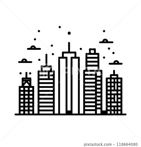 city icon or modern line symbol. Vector line art and icon design with bold outline. Black and white Pixel Perfect minimalistic symbol isolated white background. Silhouette simple thin sign 118664080
