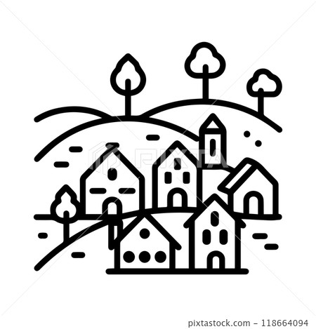 village icon or modern line symbol. Vector line art and icon design with bold outline. Black and white Pixel Perfect minimalistic symbol isolated white background. Silhouette simple thin sign 118664094