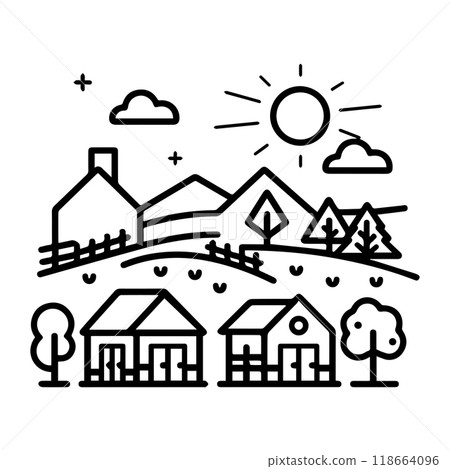 village icon or modern line symbol. Vector line art and icon design with bold outline. Black and white Pixel Perfect minimalistic symbol isolated white background. Silhouette simple thin sign 118664096
