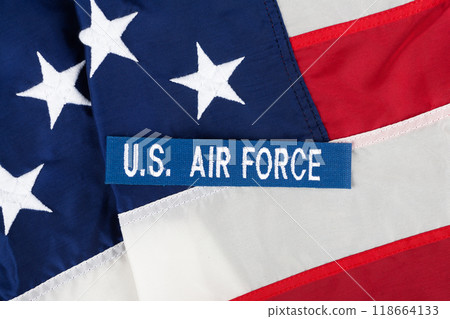 US AIR FORCE branch tape on USA national flag US AIR FORCE branch tape on USA national flag 118664133