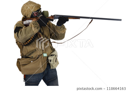 Stalker in gas mask with vintage double barrel shotgun 118664163