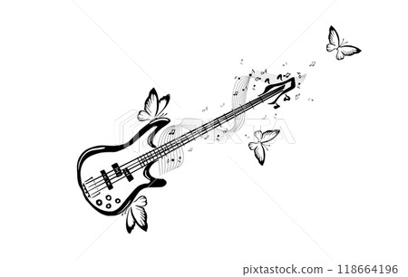 Guitar and notes abstract with butterflies. hand drawing. Not AI. Vector illustration. 118664196