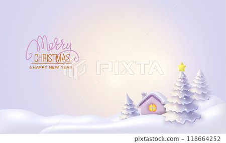 Banner winter landscape background. Christmas trees and house in snow frame. Banner winter landscape background. Christmas trees and house in snow frame. 118664252