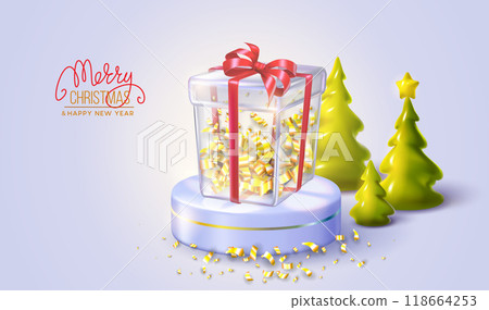 Christmas holiday background with realistic 3d glass gift box full of tinsel, Christmas trees 118664253