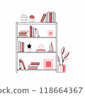 A vector illustration of a minimalist bookshelf with books and decor items. Perfect for content related to home organization, interior design, or library decor... 118664367