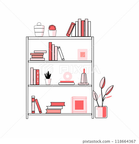 A vector illustration of a minimalist bookshelf with books and decor items. Perfect for content related to home organization, interior design, or library decor... 118664367