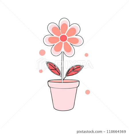 A simple vector illustration of a flower in a pot with red and pink accents. Perfect for spring-related graphics, home decor themes, or gardening content... A simple vector illustration of a flower in a pot with red and pink accents. Perfect for spring-related graphics, home decor themes, or gardening content... 118664369