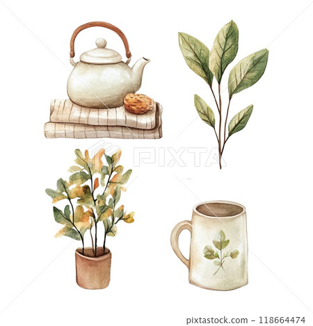 A charming display includes a cozy house surrounded by vivid autumn leaves, pumpkins, and mushrooms in shades of orange, brown, and green, reflecting the beauty of fall. 118664474