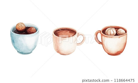 The artwork showcases a collection of autumn-inspired beverages and desserts, including mugs of hot chocolate, cupcakes, and colorful leaves, evoking a cozy fall atmosphere. 118664475