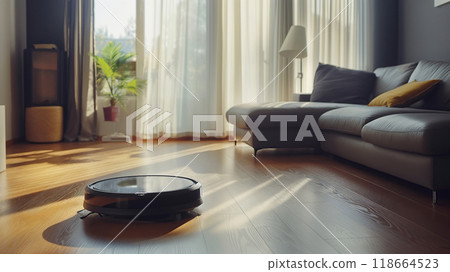 Robot vacuum cleaner on the floor in the living room. Housekeeping concept Robot vacuum cleaner on the floor in the living room. Housekeeping concept 118664523