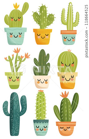 Cute cactuses in pots on white background. Hand drawn illustration. Cute cactuses in pots on white background. Hand drawn illustration. 118664525