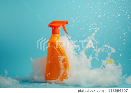 Orange bottle of cleaning product on blue background with splashes of water 118664597