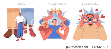 Infidelity set. Exploring psychological triggers of cheating with insecurity, improved self-esteem, and adventure desire illustrations. Vector illustration. Infidelity set. Exploring psychological triggers of cheating with insecurity, improved self-esteem, and adventure desire illustrations. Vector illustration. 118664694