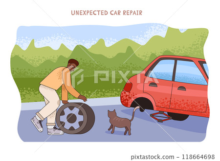 Couple road trip. Young man and woman going on vacation by a car. Characters driving a car on a summer holidays, traveling the world together. Flat vector illustration Couple road trip. Young man and woman going on vacation by a car. Characters driving a car on a summer holidays, traveling the world together. Flat vector illustration 118664698