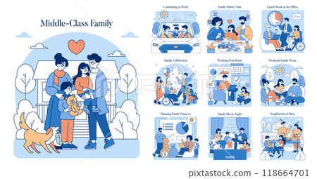 Middle-Class Family set. Daily life activities, from home to work, celebrating, and managing finances. Moments of bonding, leisure, and tradition. Vector illustration. 118664701