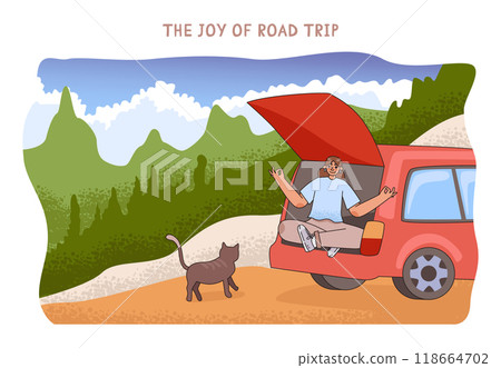 Couple road trip. Young man and woman going on vacation by a car. Characters driving a car on a summer holidays, traveling the world together. Flat vector illustration Couple road trip. Young man and woman going on vacation by a car. Characters driving a car on a summer holidays, traveling the world together. Flat vector illustration 118664702