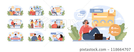 Workcation. Chatacter working away from the office. Digital nomad or freelancer working remotely and globaly. Flexible schedule, outsource technology and work tourism. Flat vector illustration 118664707