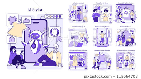 AI Stylist set. Digital fashion assistants illustrating outfits, trend forecasting, sustainable choices, and AR shopping. Inclusive AI technology in style curation. Vector illustration. 118664708