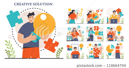 Finding a solution set. Generation of a creative idea in a brainstorm. Character coming up with innovative strategy or way to solve a problem or find the answer. Flat vector illustration Finding a solution set. Generation of a creative idea in a brainstorm. Character coming up with innovative strategy or way to solve a problem or find the answer. Flat vector illustration 118664709