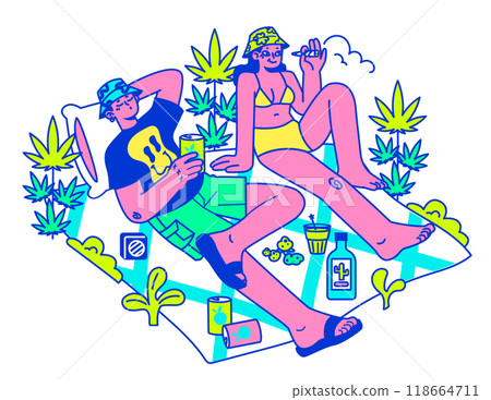 Psychedelic trip party. Rave camp. Characters drinking alcohol, taking drugs, mushrooms and smoking weed at festival campsite. Flat vector illustration 118664711