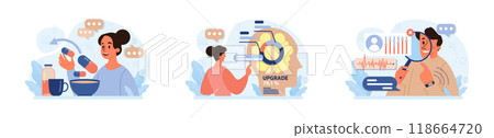 Biohacking set. Health' engineering and improving with modern monitoring system, supplements, diet, and lifestyle changes. Human biological well-being and youth maintaining. Flat vector illustration 118664720