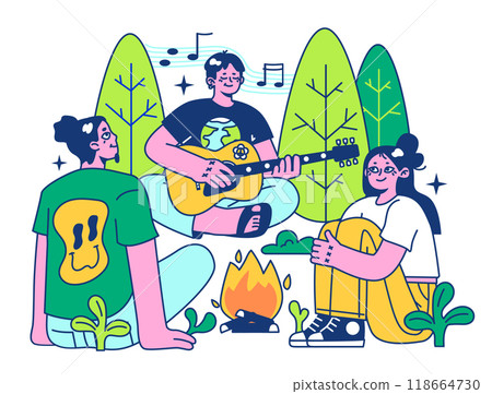 Retreat camp. Modern practice for body and mind wellness. Characters singing along the guitar by a campfire. Balanced life and mental health. Flat vector illustration 118664730