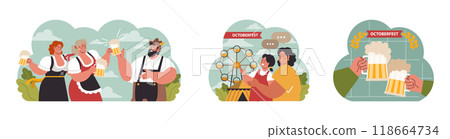 Oktoberfest festival set. Cheerful Bavarian pub worker in a national costume. Character holding a full glass of beer with foam. Traditional annual beer carnival in Germany. Flat vector illustration Oktoberfest festival set. Cheerful Bavarian pub worker in a national costume. Character holding a full glass of beer with foam. Traditional annual beer carnival in Germany. Flat vector illustration 118664734