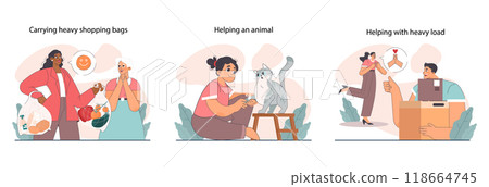 Good action or deed set. Concept of support and kindness sharing in family, friend group or local community. Empathy and help for people in need. Flat vector illustration. Good action or deed set. Concept of support and kindness sharing in family, friend group or local community. Empathy and help for people in need. Flat vector illustration. 118664745