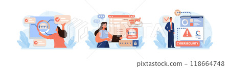 Cyber or web security set. Artificial intelligence provide data protection and database safety of a digital device. Protection of the internet access, cyber attack prevention. Flat vector illustration 118664748